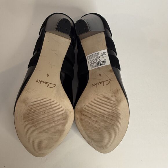 Clarks Womens Black Patent Leather Suede Slip On Heels Sz UK 4 US 6 Cushion Soft - Picture 6 of 8